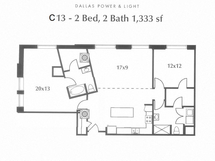Floor plan for 2 beds, 2 baths, 1333 sqft